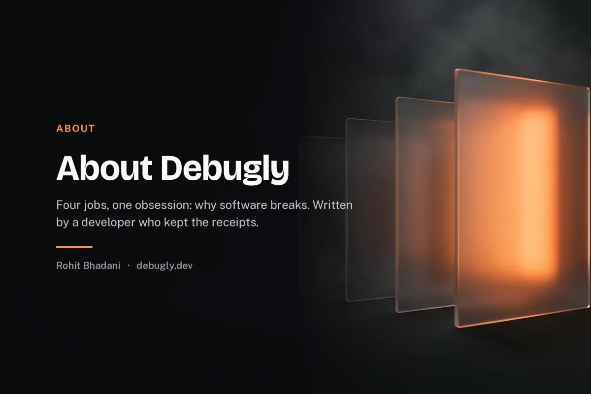 About Debugly. Abstract illustration of layered glass panels in orange and dark grey on debugly.dev