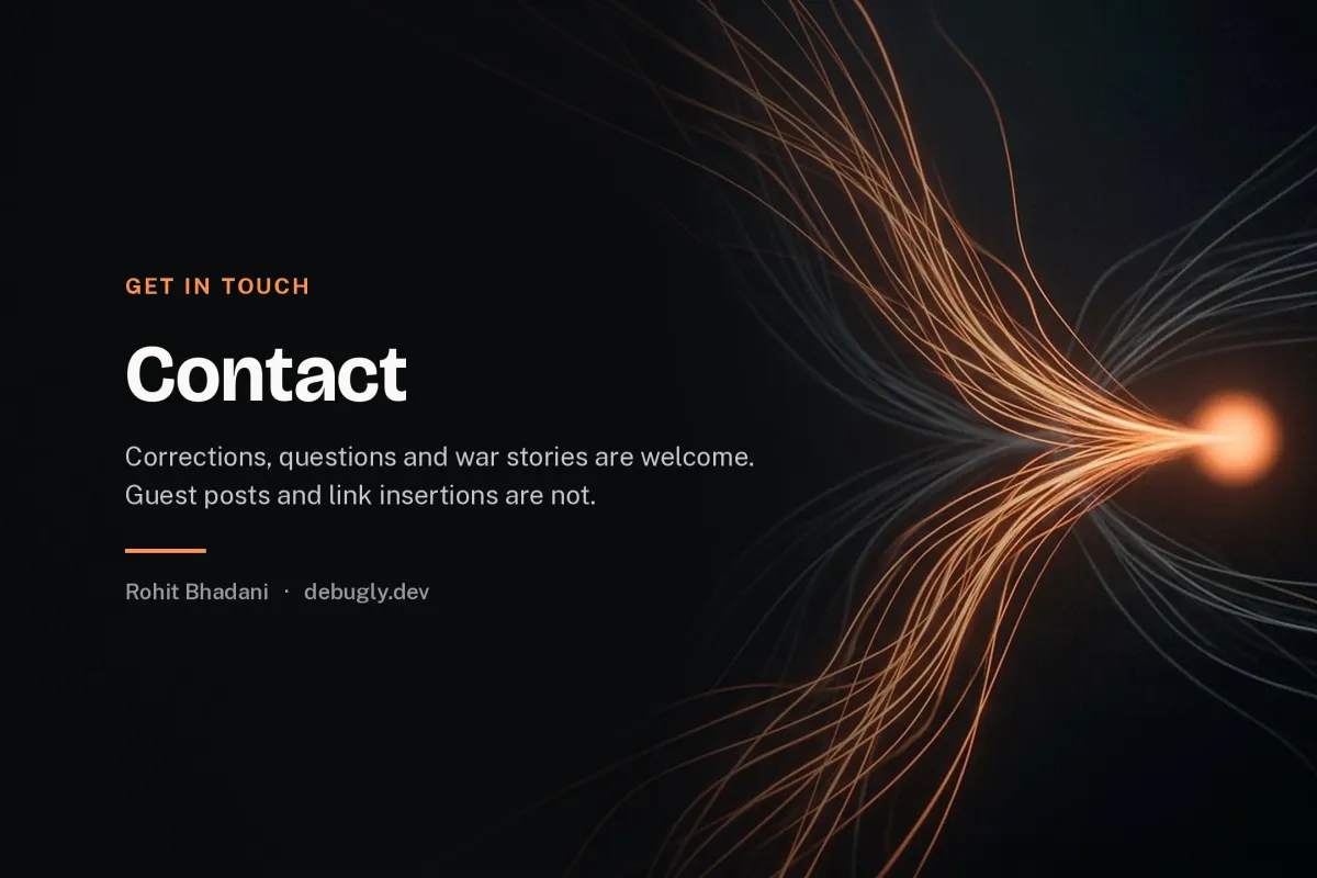 Contact. Abstract illustration of converging light signals in orange and dark grey on debugly.dev