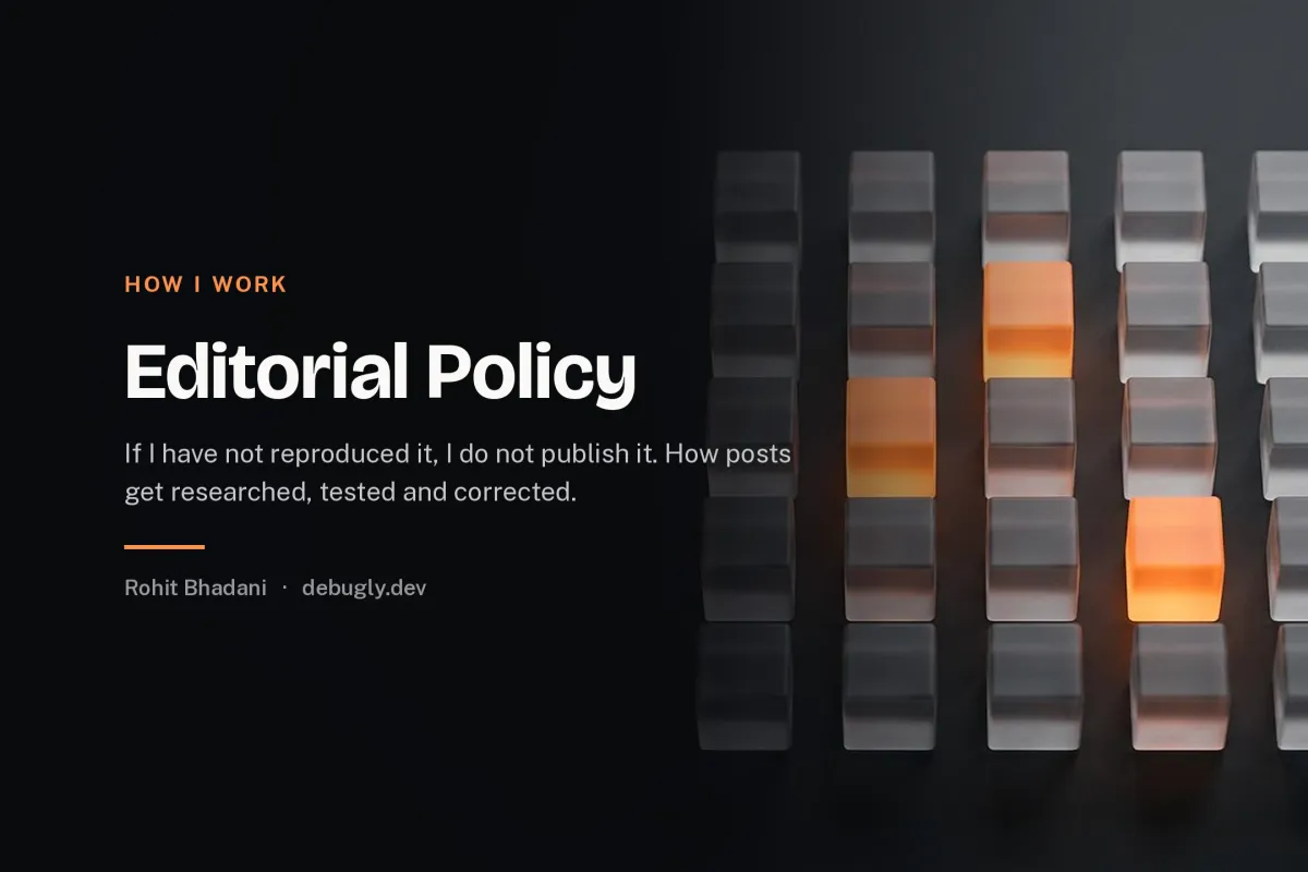 Editorial Policy. Abstract illustration of a verified grid of glass cubes in orange and dark grey on debugly.dev