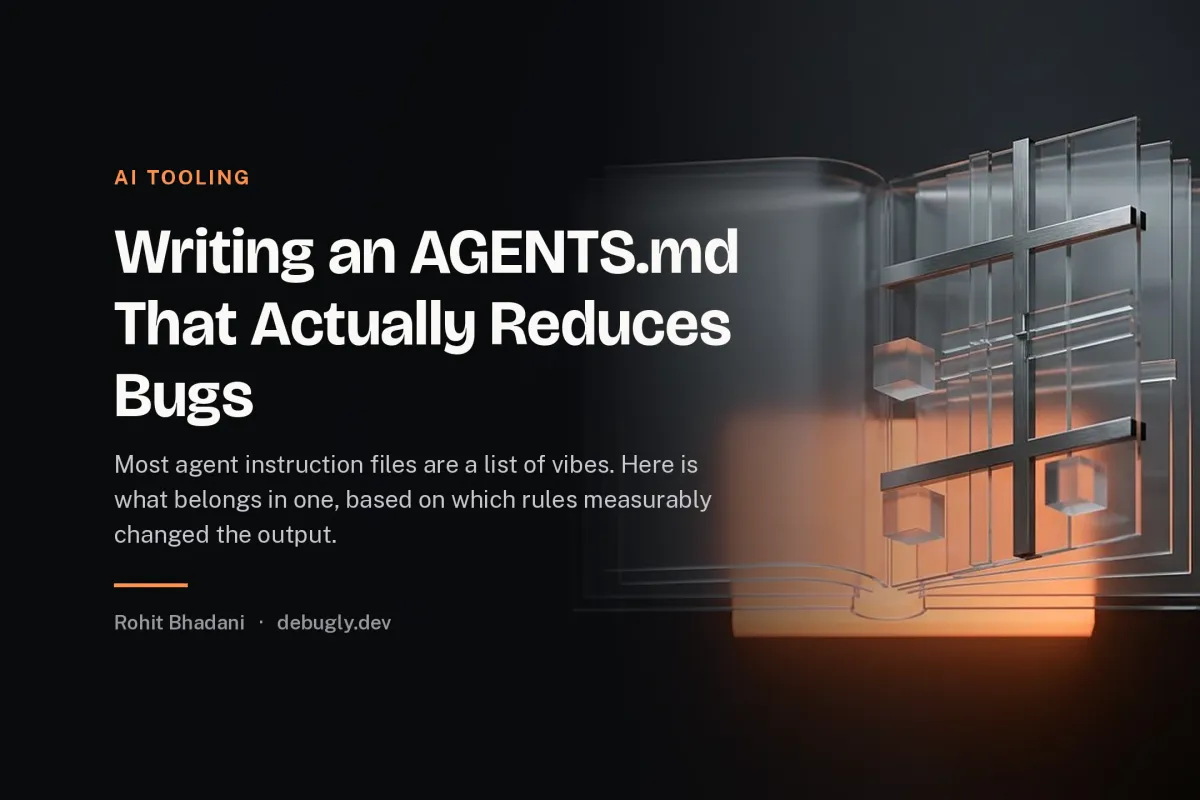 Writing an AGENTS.md That Actually Reduces Bugs. Abstract ai tooling illustration in orange and dark grey on debugly.dev