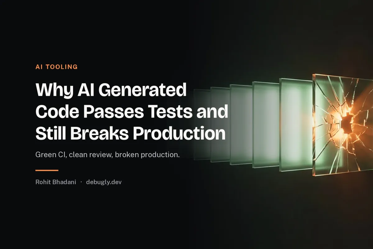 Why AI Generated Code Passes Tests and Still Breaks Production. Abstract ai tooling illustration in orange and dark grey on debugly.dev