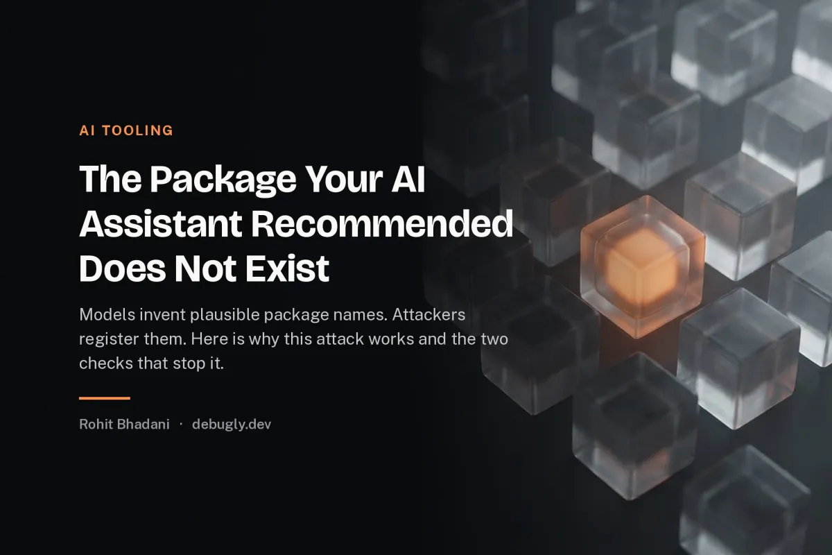 The Package Your AI Assistant Recommended Does Not Exist. Abstract ai tooling illustration in orange and dark grey on debugly.dev
