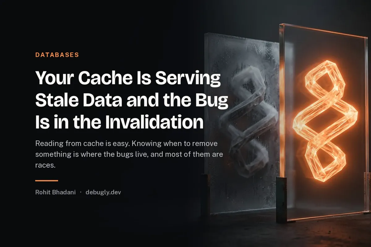 Your Cache Is Serving Stale Data and the Bug Is in the Invalidation. Abstract databases illustration in orange and dark grey on debugly.dev
