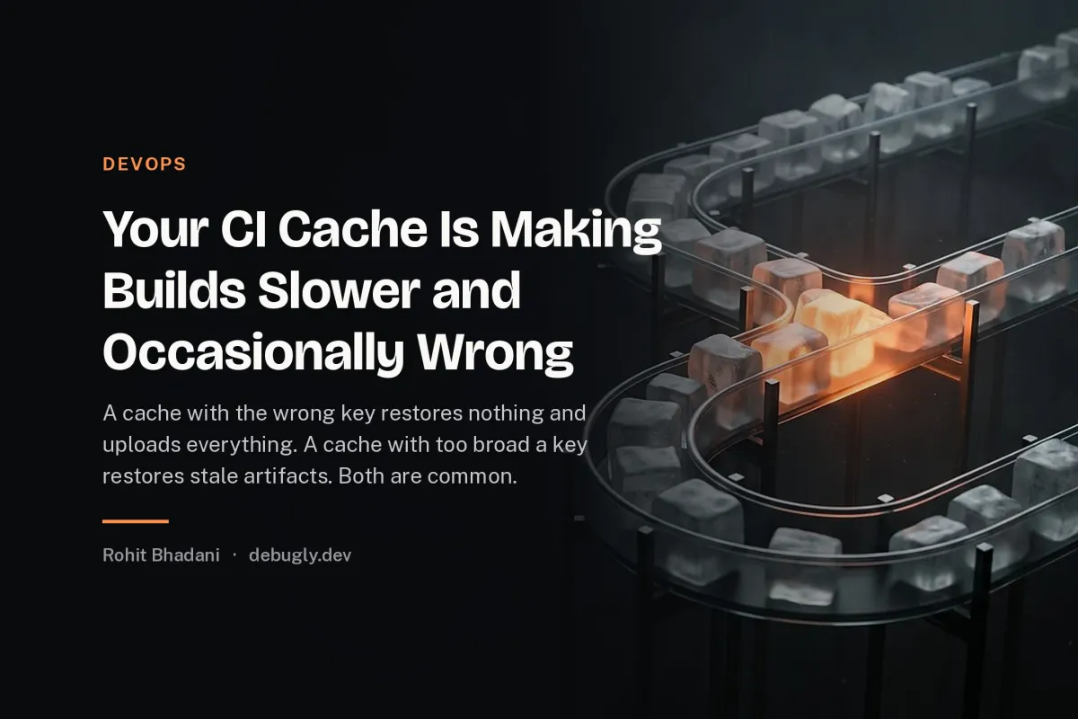 Your CI Cache Is Making Builds Slower and Occasionally Wrong. Abstract devops illustration in orange and dark grey on debugly.dev