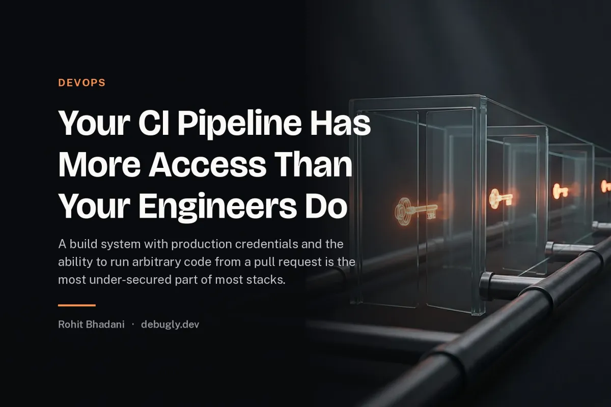 Your CI Pipeline Has More Access Than Your Engineers Do. Abstract devops illustration in orange and dark grey on debugly.dev