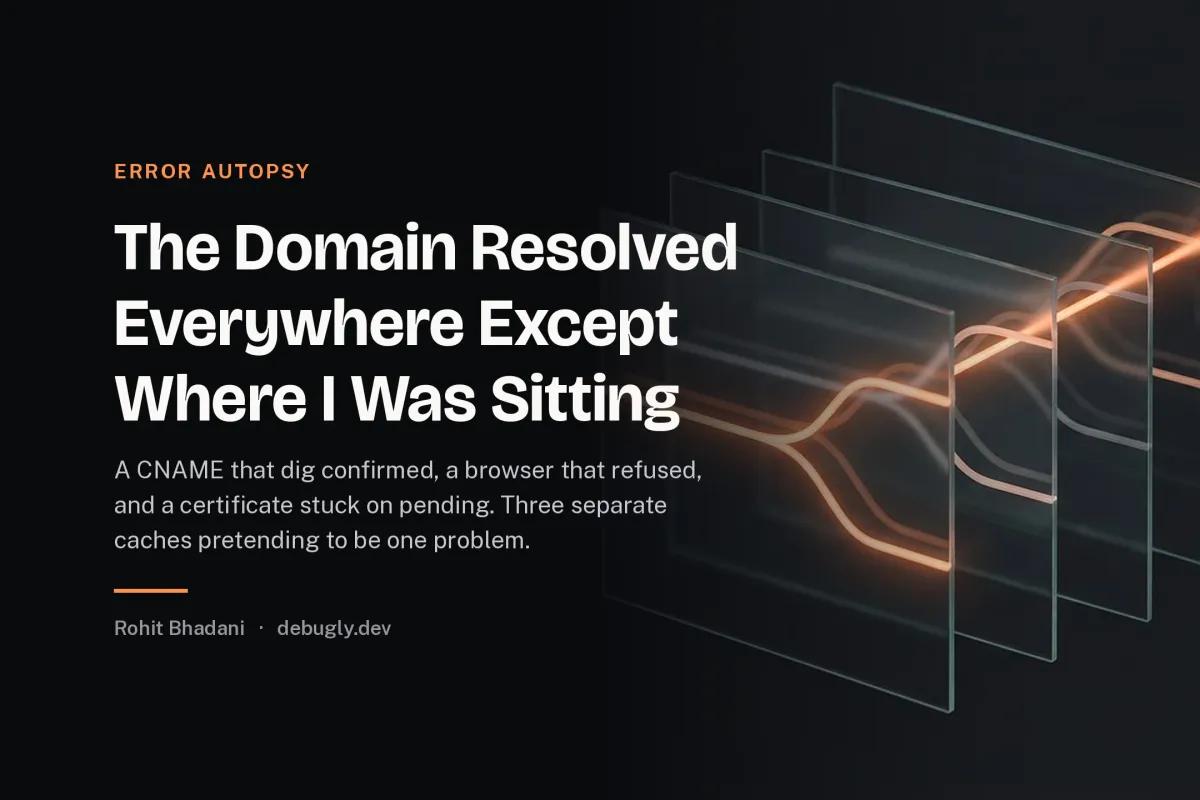 The Domain Resolved Everywhere Except Where I Was Sitting. Abstract error autopsy illustration in orange and dark grey on debugly.dev