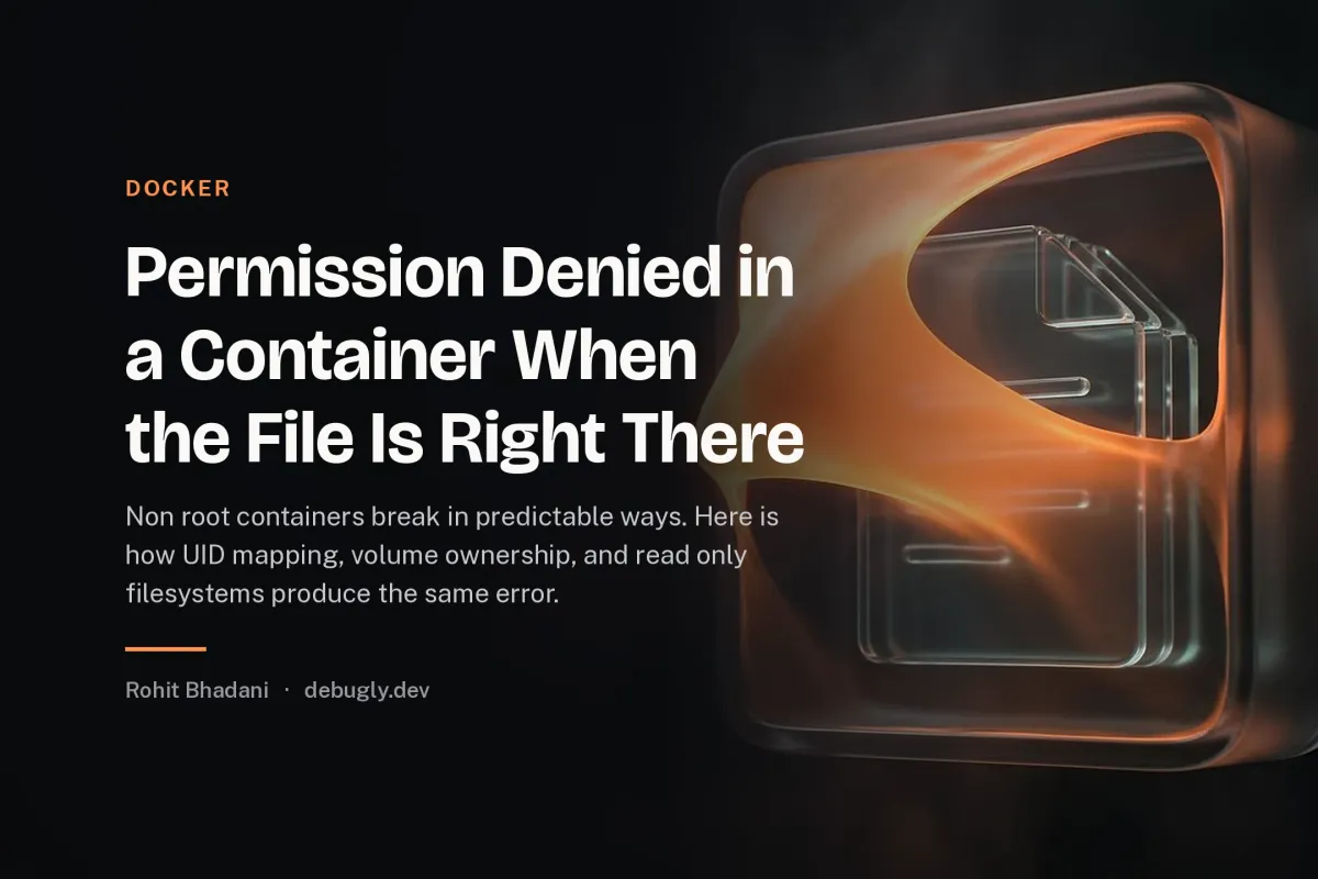 Permission Denied in a Container When the File Is Right There. Abstract docker illustration in orange and dark grey on debugly.dev
