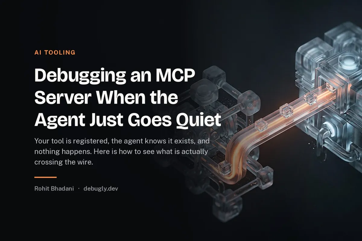 Debugging an MCP Server When the Agent Just Goes Quiet. Abstract ai tooling illustration in orange and dark grey on debugly.dev