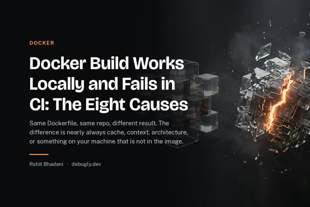 Docker Build Works Locally and Fails in CI: The Eight Causes. Abstract docker illustration in orange and dark grey on debugly.dev
