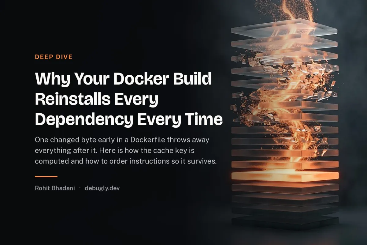 Why Your Docker Build Reinstalls Every Dependency Every Time. Abstract deep dive illustration in orange and dark grey on debugly.dev