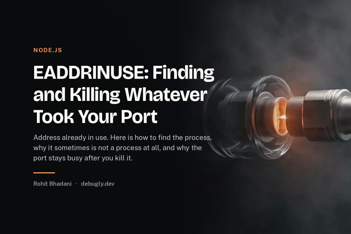 EADDRINUSE: Finding and Killing Whatever Took Your Port. Abstract node.js illustration in orange and dark grey on debugly.dev
