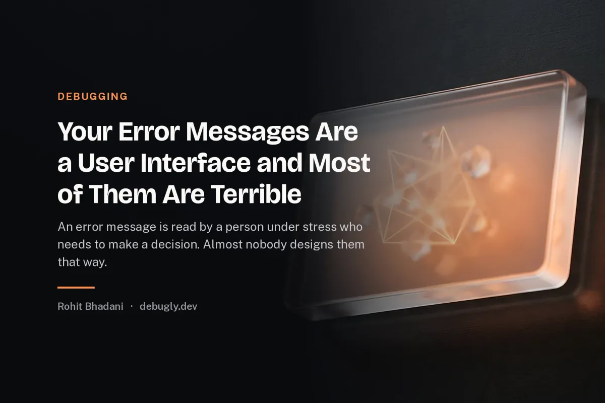 Your Error Messages Are a User Interface and Most of Them Are Terrible. Abstract debugging illustration in orange and dark grey on debugly.dev