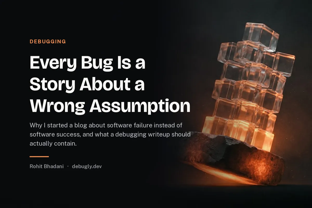 Every Bug Is a Story About a Wrong Assumption. Abstract debugging illustration in orange and dark grey on debugly.dev