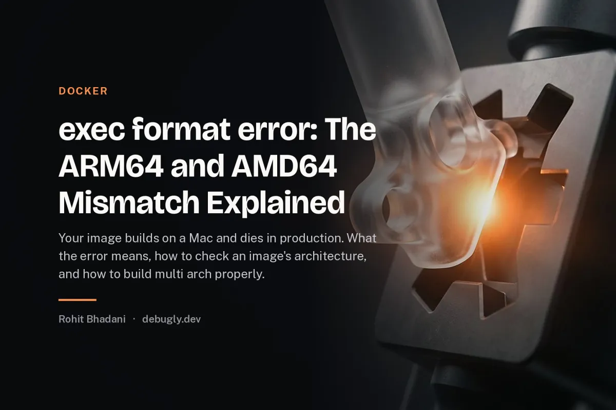 exec format error: The ARM64 and AMD64 Mismatch Explained. Abstract docker illustration in orange and dark grey on debugly.dev