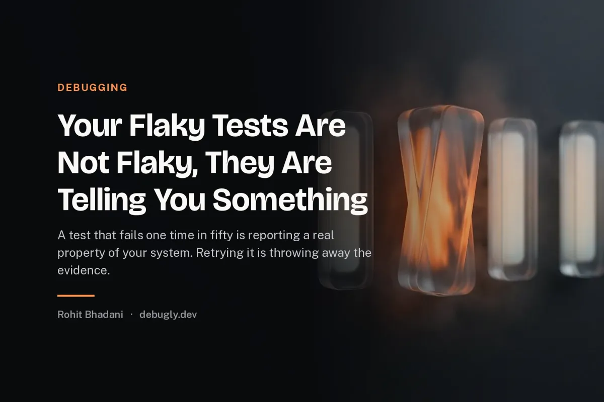 Your Flaky Tests Are Not Flaky, They Are Telling You Something. Abstract debugging illustration in orange and dark grey on debugly.dev