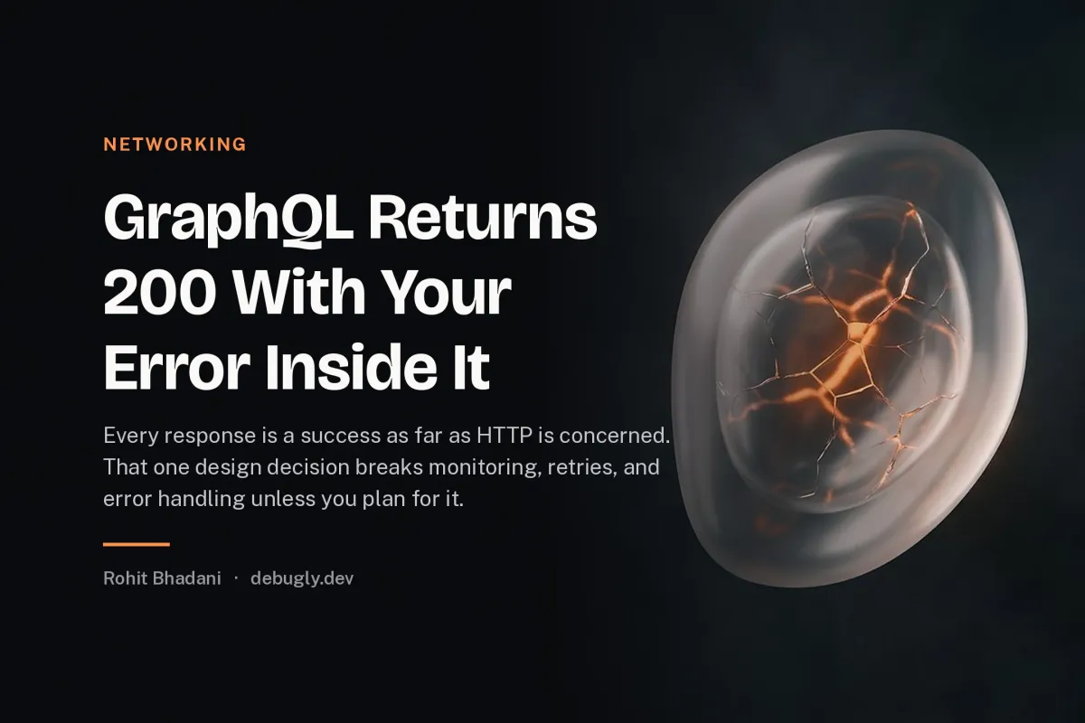 GraphQL Returns 200 With Your Error Inside It. Abstract networking illustration in orange and dark grey on debugly.dev