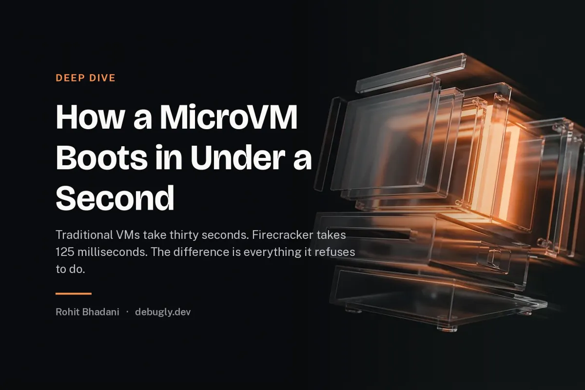 How a MicroVM Boots in Under a Second. Abstract deep dive illustration in orange and dark grey on debugly.dev