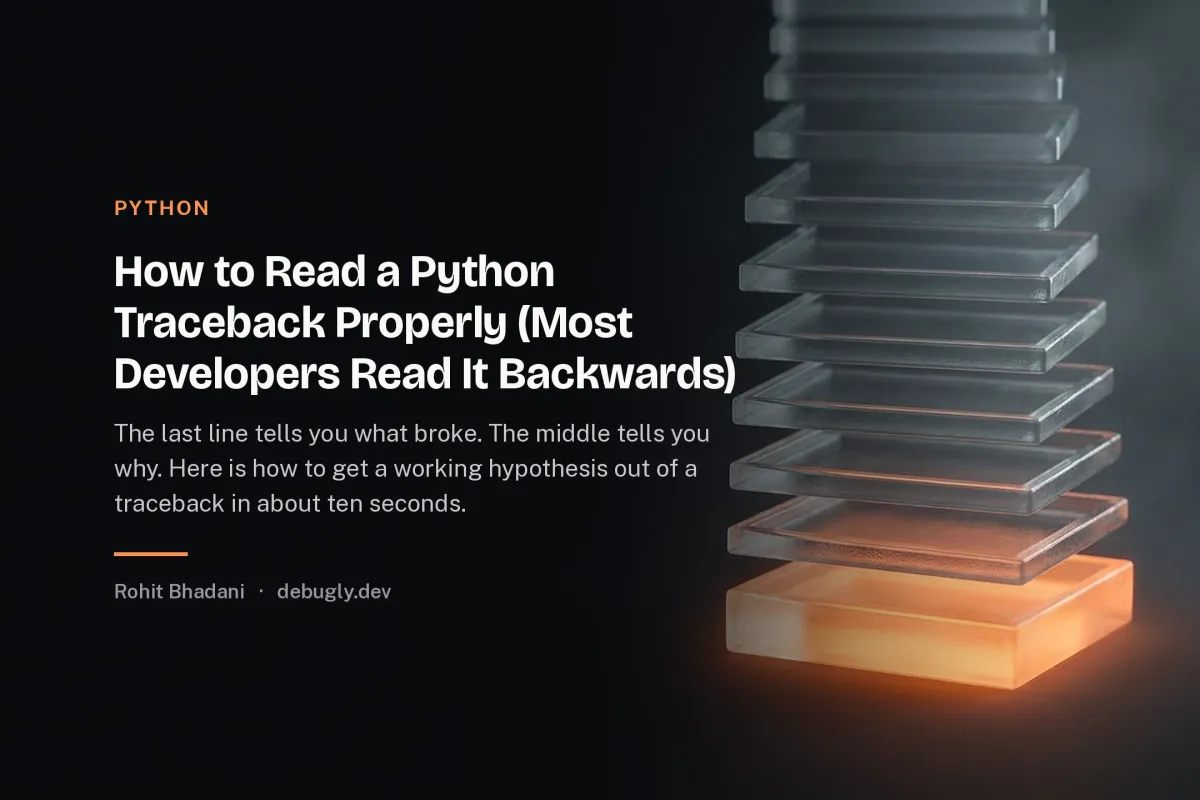 How to Read a Python Traceback Properly (Most Developers Read It Backwards). Abstract python illustration in orange and dark grey on debugly.dev