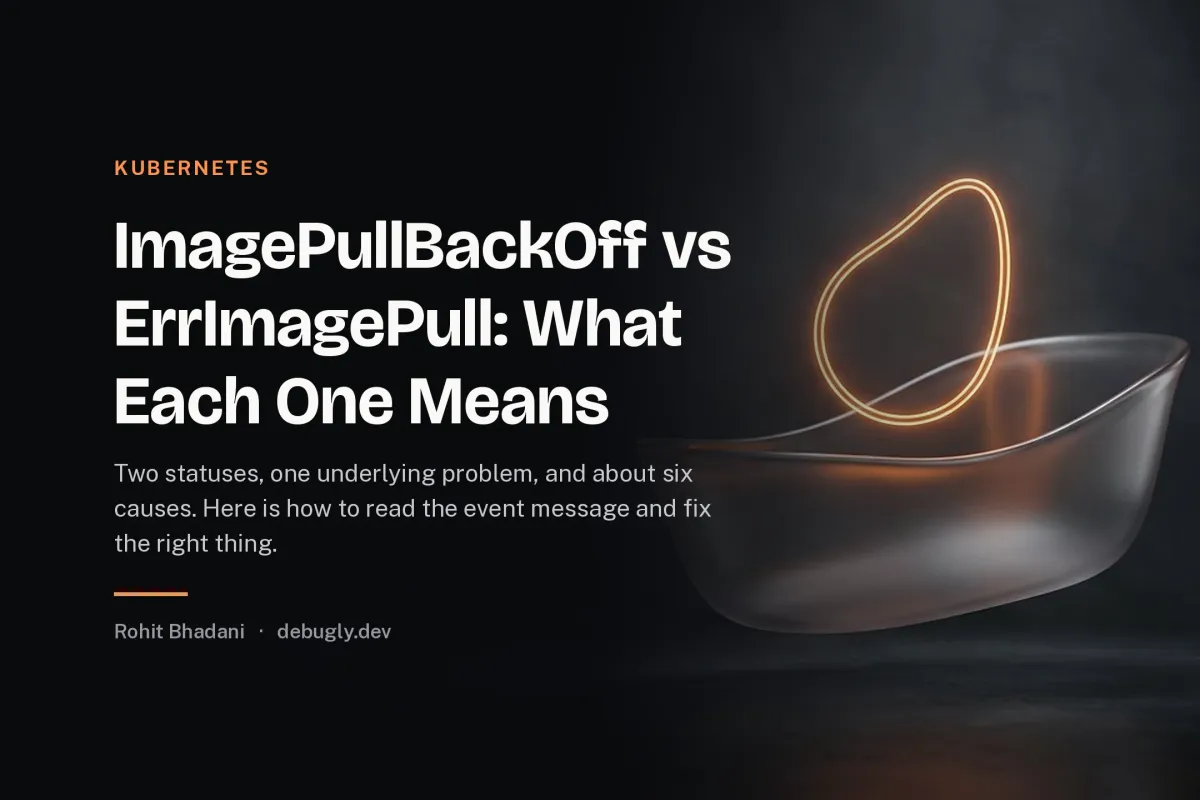 ImagePullBackOff vs ErrImagePull: What Each One Means. Abstract kubernetes illustration in orange and dark grey on debugly.dev