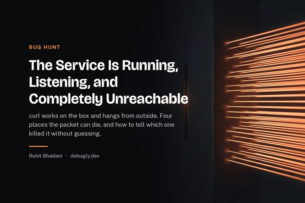The Service Is Running, Listening, and Completely Unreachable. Abstract bug hunt illustration in orange and dark grey on debugly.dev