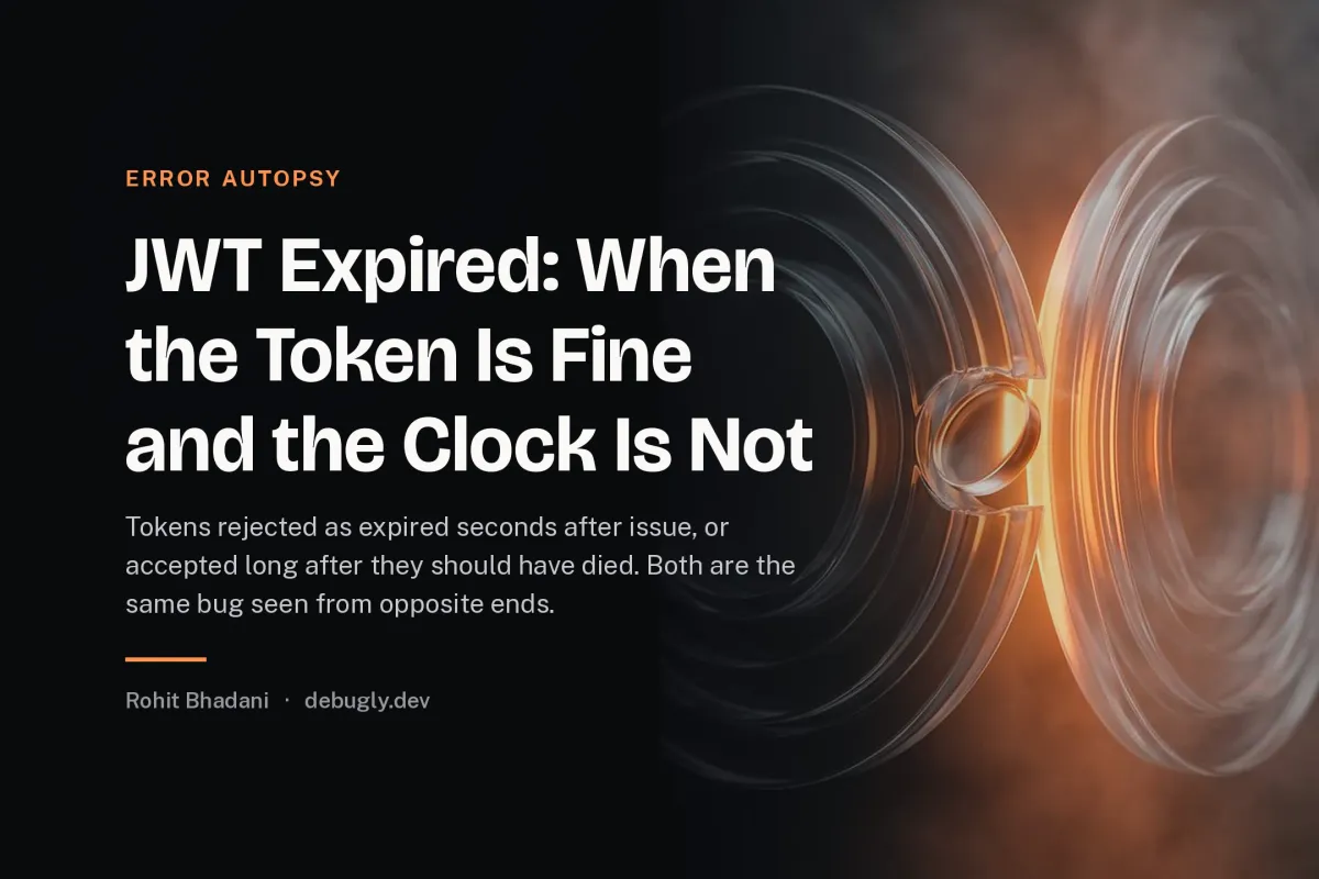 JWT Expired: When the Token Is Fine and the Clock Is Not. Abstract error autopsy illustration in orange and dark grey on debugly.dev