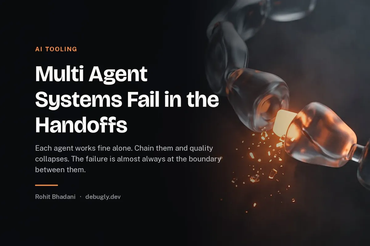 Multi Agent Systems Fail in the Handoffs. Abstract ai tooling illustration in orange and dark grey on debugly.dev