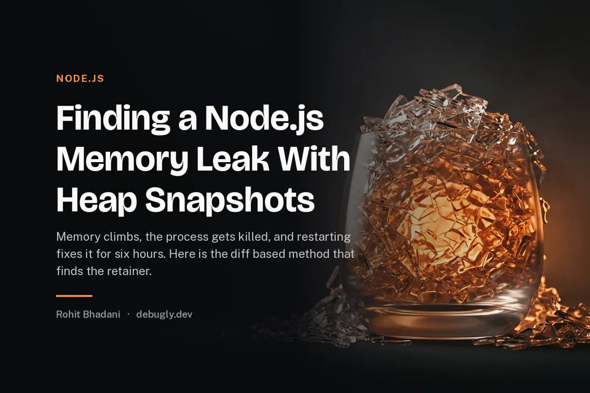 Finding a Node.js Memory Leak With Heap Snapshots. Abstract node.js illustration in orange and dark grey on debugly.dev