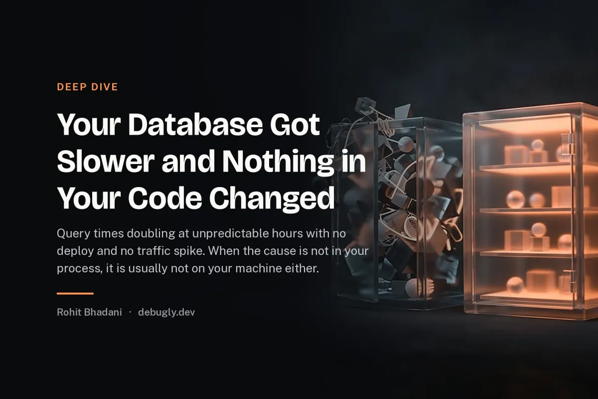 Your Database Got Slower and Nothing in Your Code Changed. Abstract deep dive illustration in orange and dark grey on debugly.dev