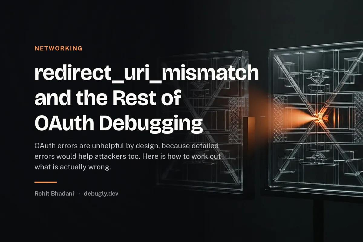 redirect_uri_mismatch and the Rest of OAuth Debugging. Abstract networking illustration in orange and dark grey on debugly.dev