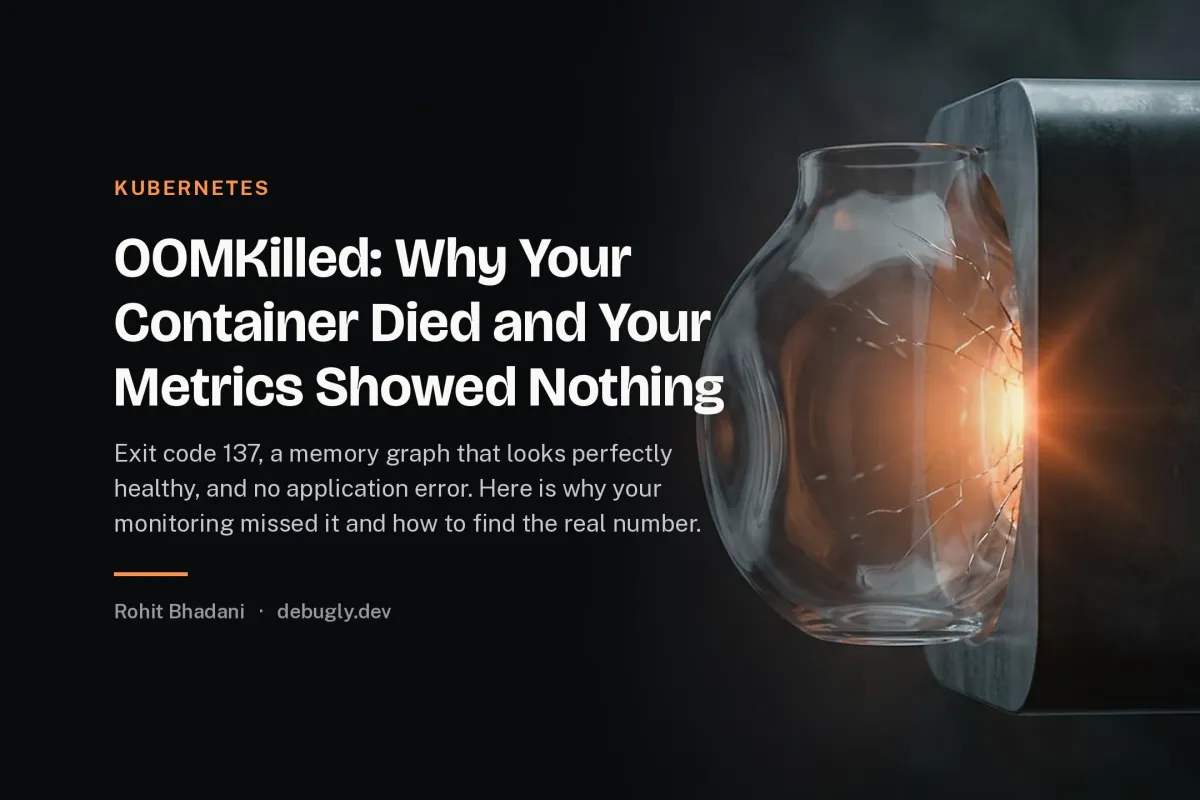 OOMKilled: Why Your Container Died and Your Metrics Showed Nothing. Abstract kubernetes illustration in orange and dark grey on debugly.dev