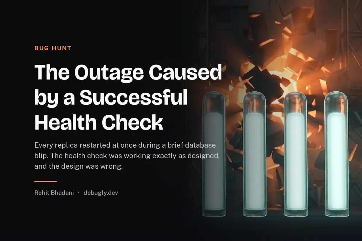 The Outage Caused by a Successful Health Check. Abstract bug hunt illustration in orange and dark grey on debugly.dev
