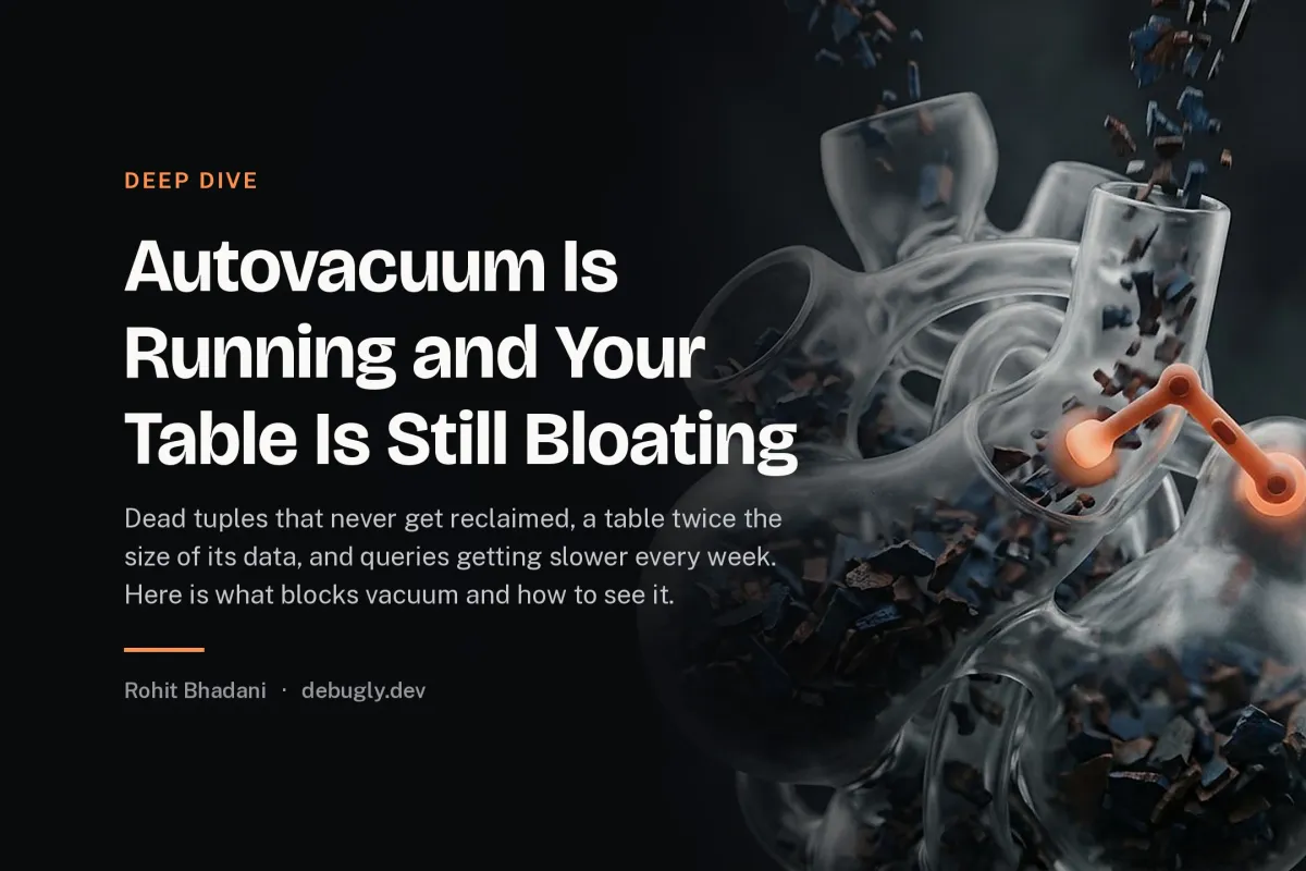 Autovacuum Is Running and Your Table Is Still Bloating. Abstract deep dive illustration in orange and dark grey on debugly.dev