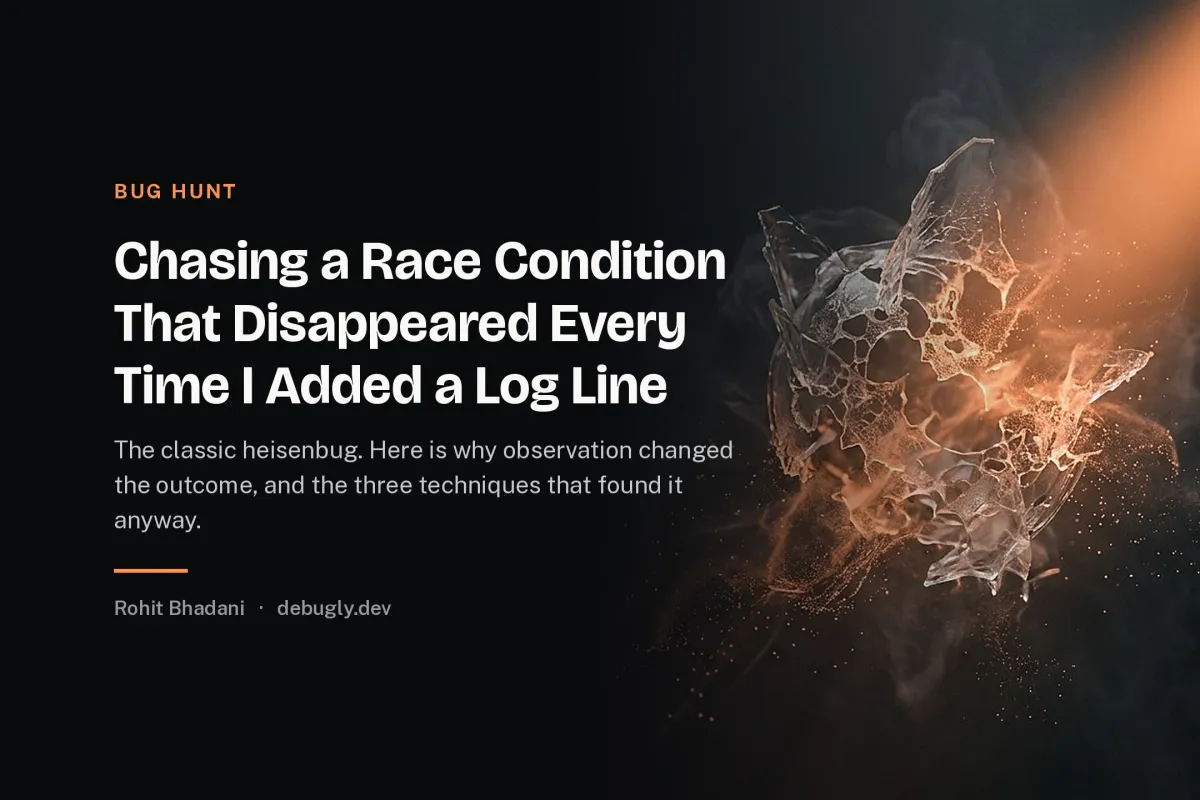 Chasing a Race Condition That Disappeared Every Time I Added a Log Line. Abstract bug hunt illustration in orange and dark grey on debugly.dev