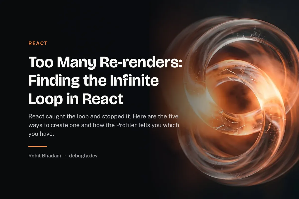 Too Many Re-renders: Finding the Infinite Loop in React. Abstract react illustration in orange and dark grey on debugly.dev