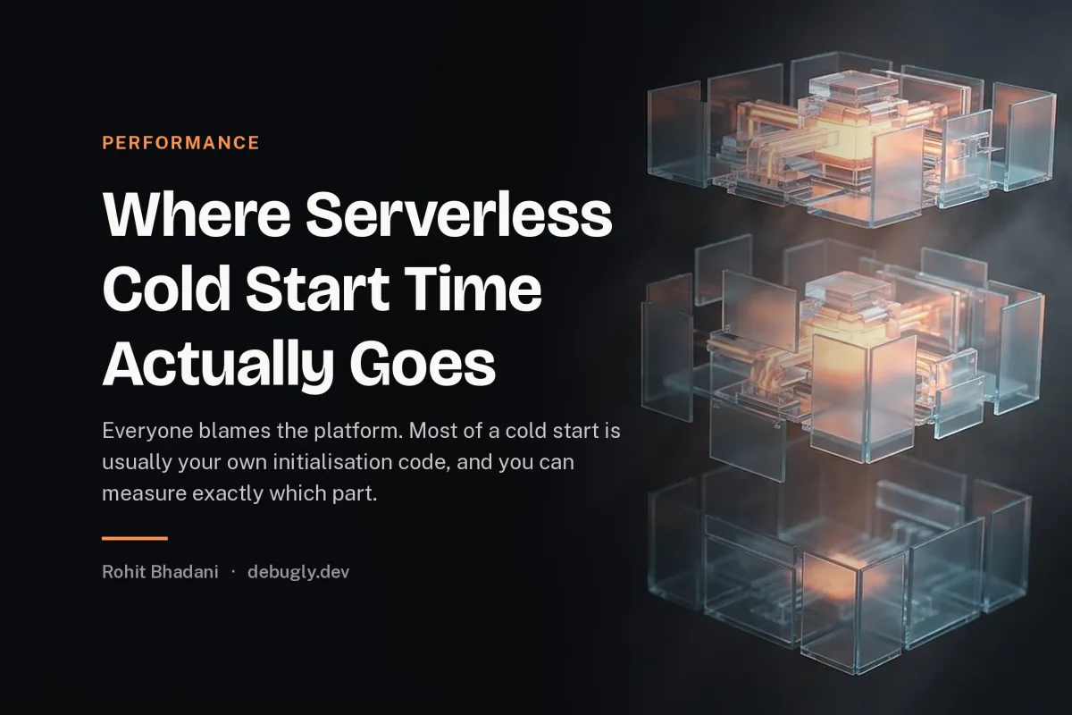 Where Serverless Cold Start Time Actually Goes. Abstract performance illustration in orange and dark grey on debugly.dev