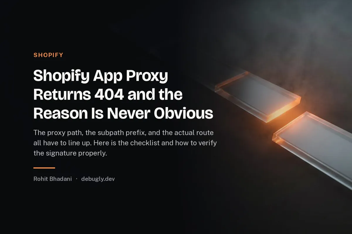Shopify App Proxy Returns 404 and the Reason Is Never Obvious. Abstract shopify illustration in orange and dark grey on debugly.dev