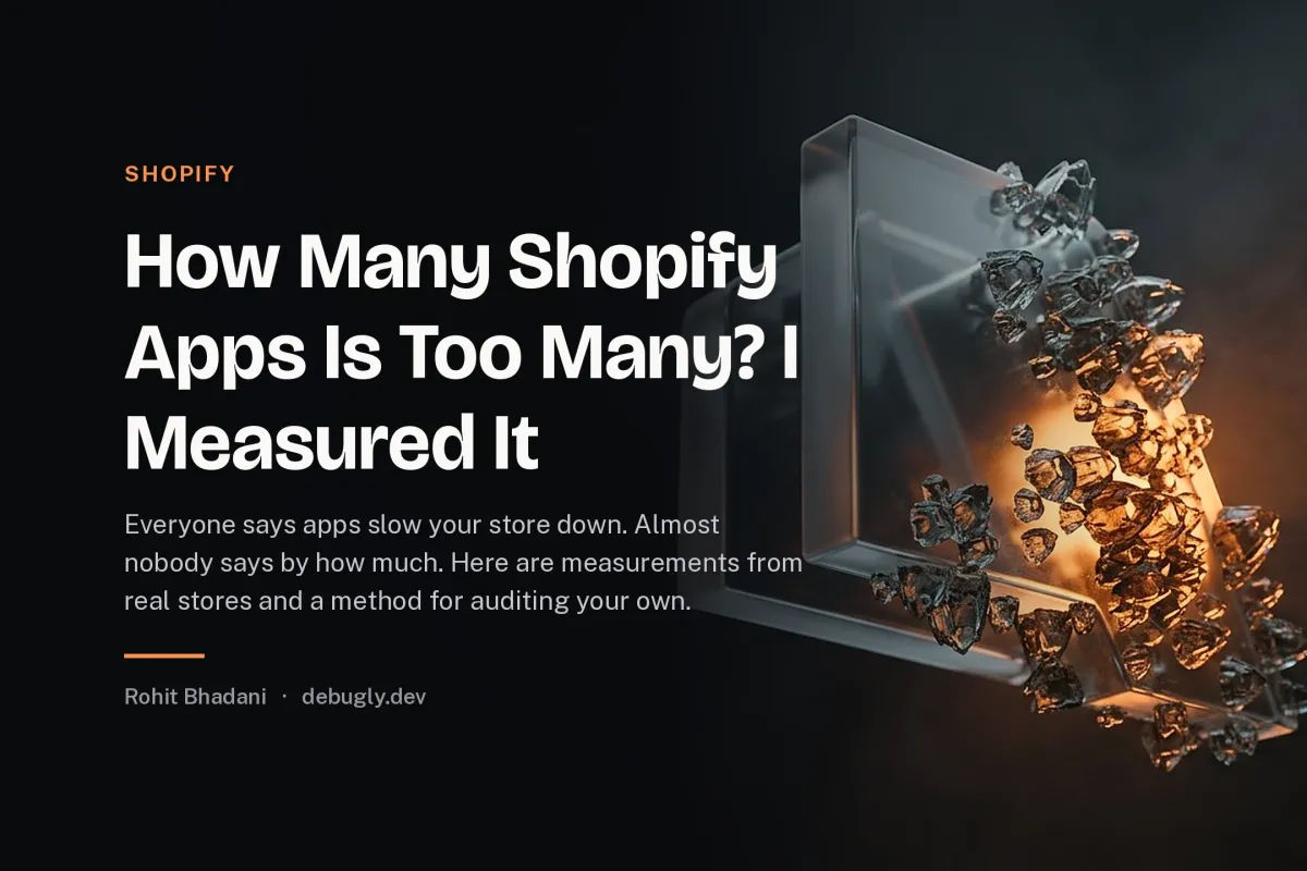How Many Shopify Apps Is Too Many? I Measured It. Abstract shopify illustration in orange and dark grey on debugly.dev