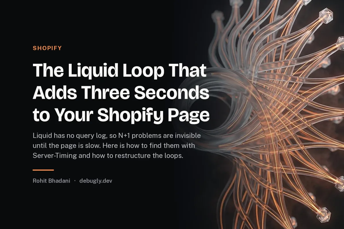 The Liquid Loop That Adds Three Seconds to Your Shopify Page. Abstract shopify illustration in orange and dark grey on debugly.dev