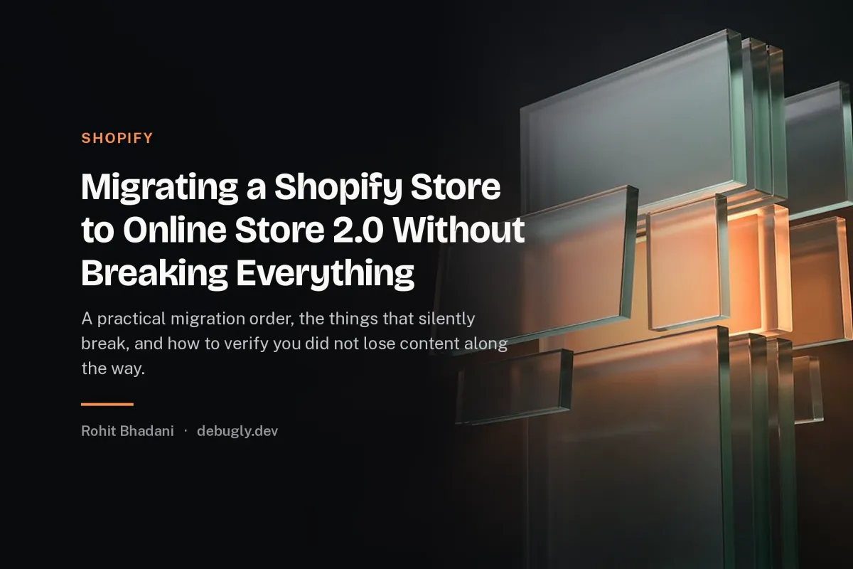Migrating a Shopify Store to Online Store 2.0 Without Breaking Everything. Abstract shopify illustration in orange and dark grey on debugly.dev