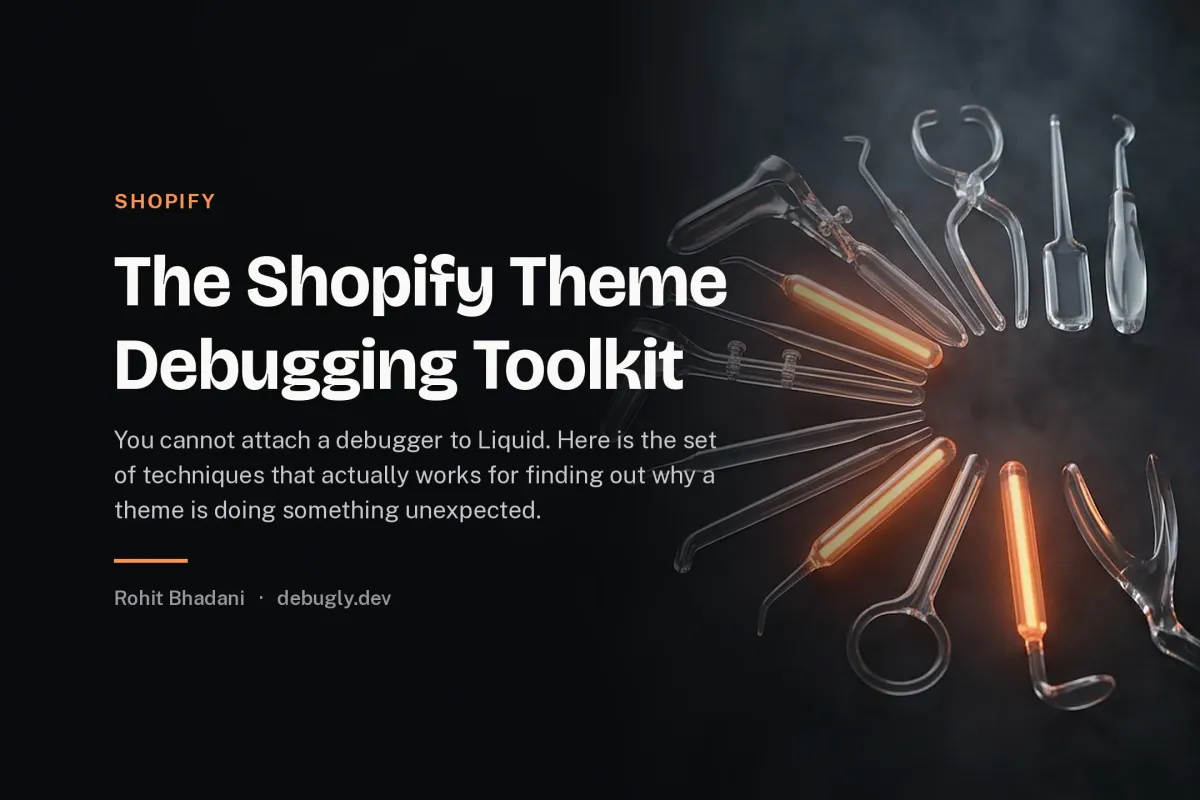 The Shopify Theme Debugging Toolkit. Abstract shopify illustration in orange and dark grey on debugly.dev