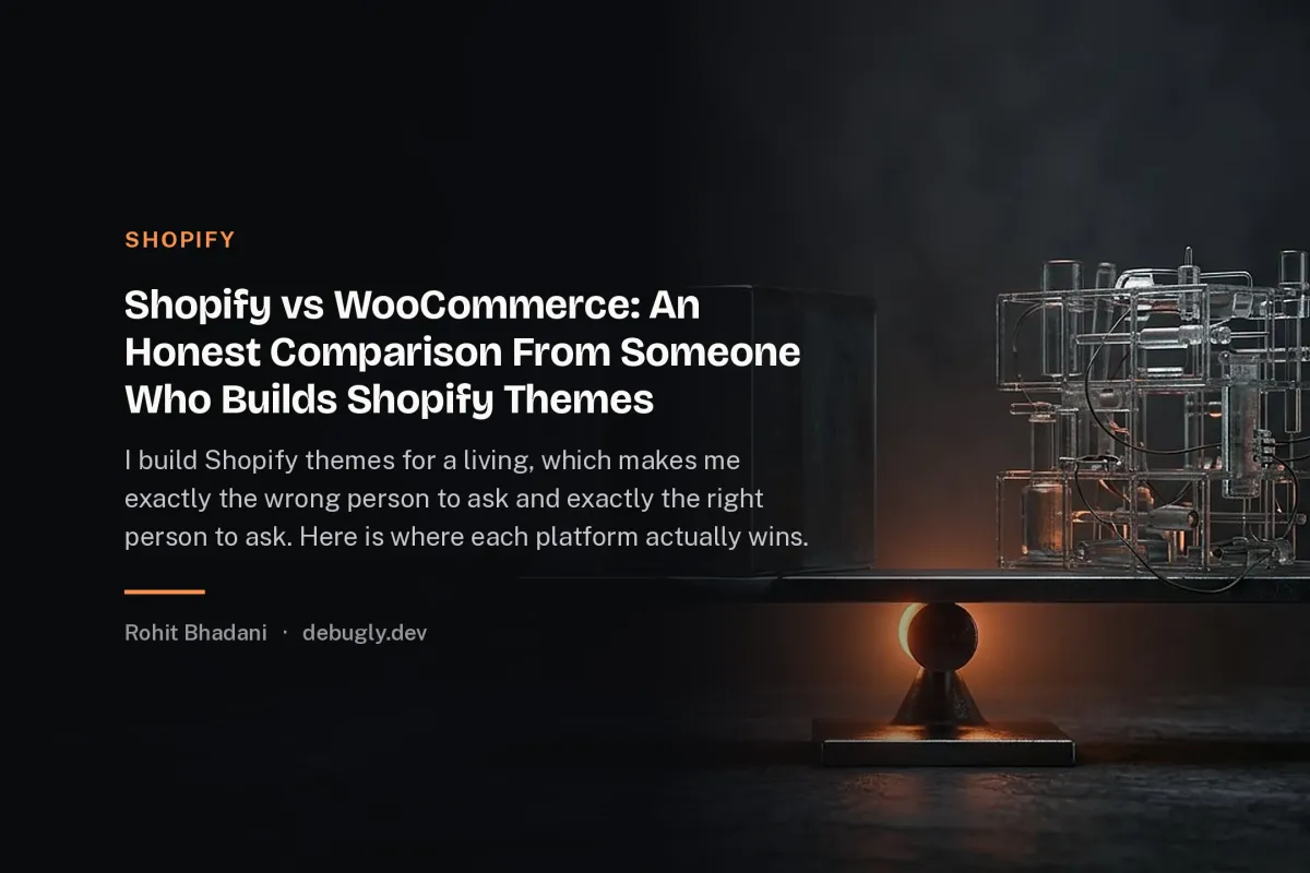 Shopify vs WooCommerce: An Honest Comparison From Someone Who Builds Shopify Themes. Abstract shopify illustration in orange and dark grey on debugly.dev