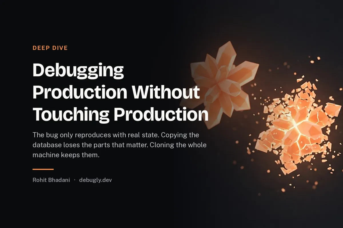 Debugging Production Without Touching Production. Abstract deep dive illustration in orange and dark grey on debugly.dev