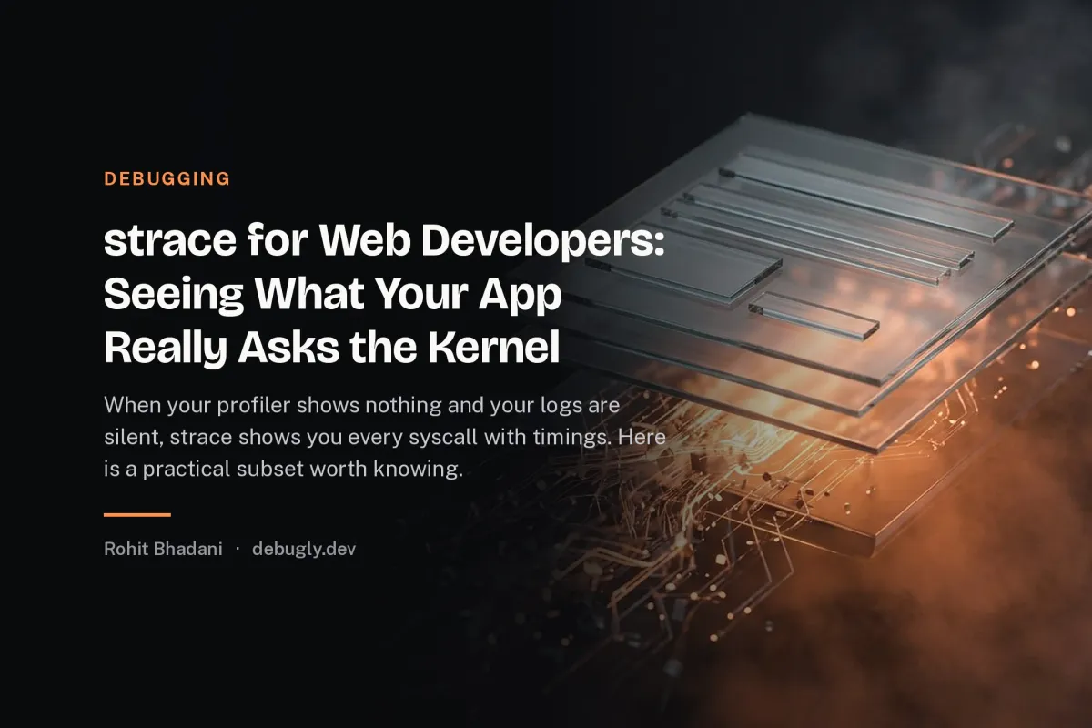 strace for Web Developers: Seeing What Your App Really Asks the Kernel. Abstract debugging illustration in orange and dark grey on debugly.dev
