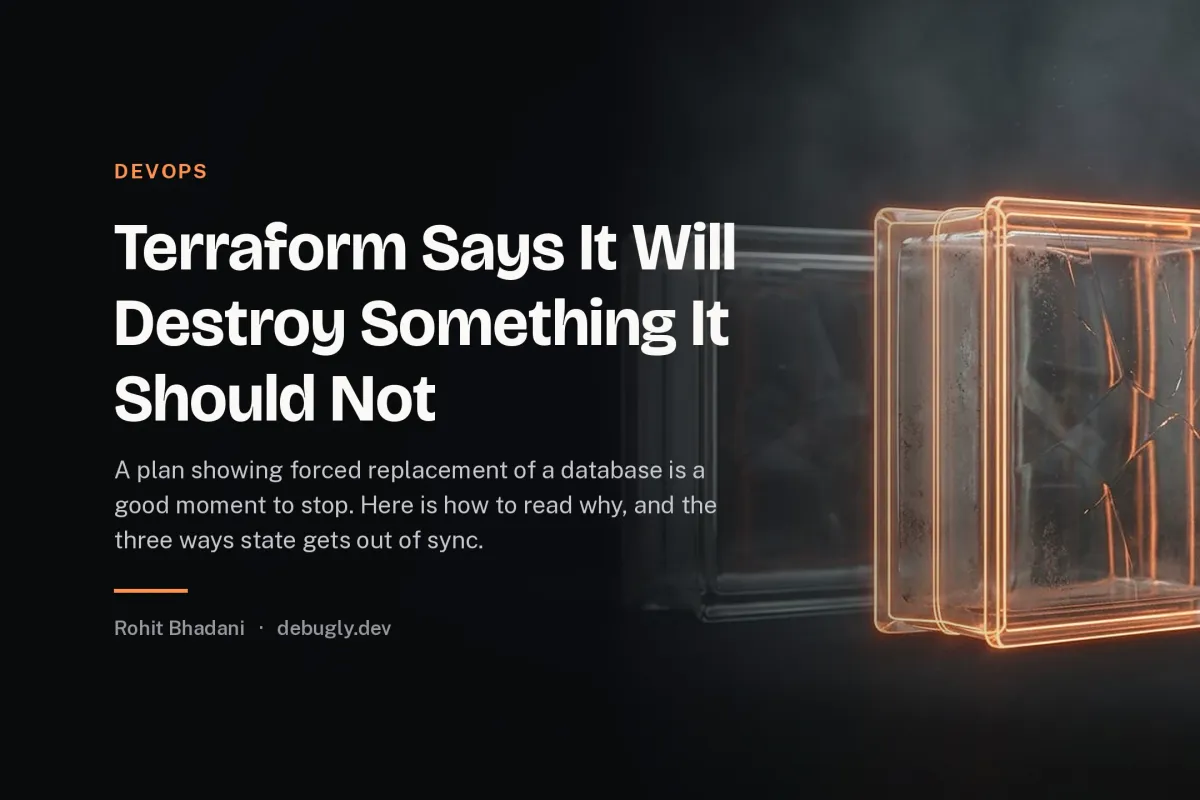 Terraform Says It Will Destroy Something It Should Not. Abstract devops illustration in orange and dark grey on debugly.dev