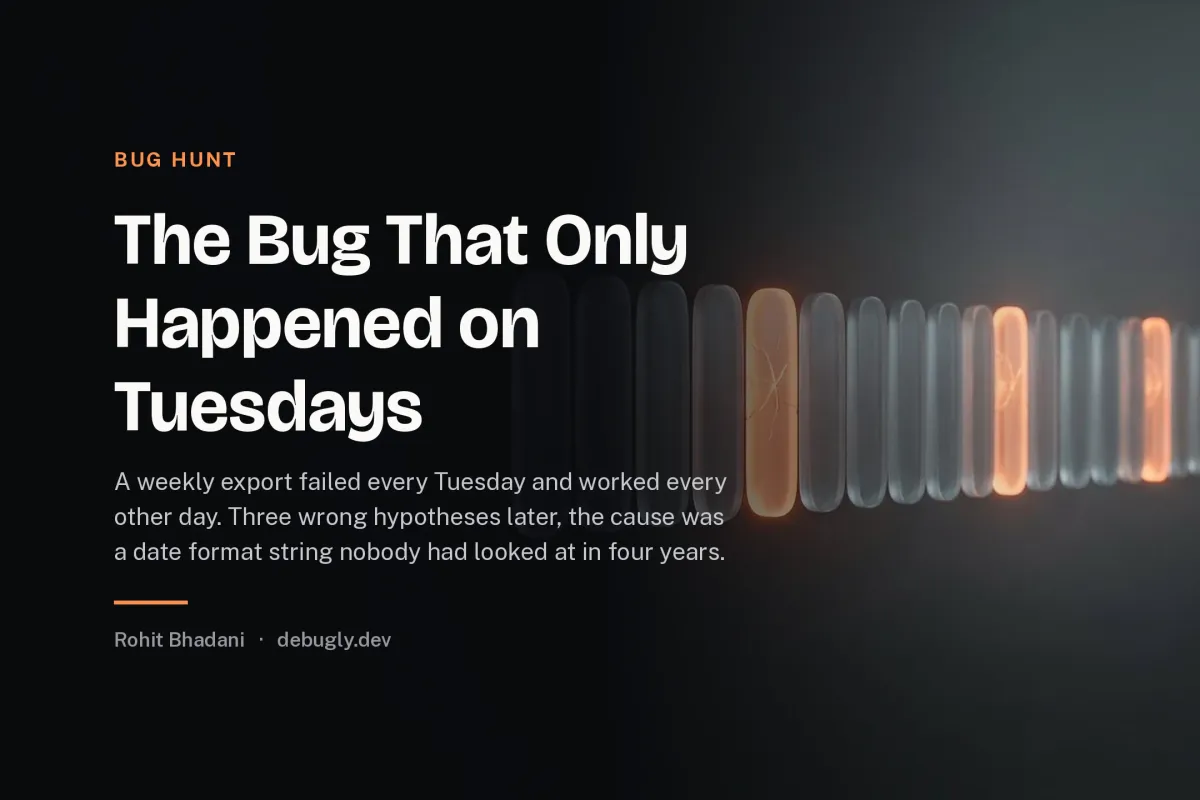 The Bug That Only Happened on Tuesdays. Abstract bug hunt illustration in orange and dark grey on debugly.dev