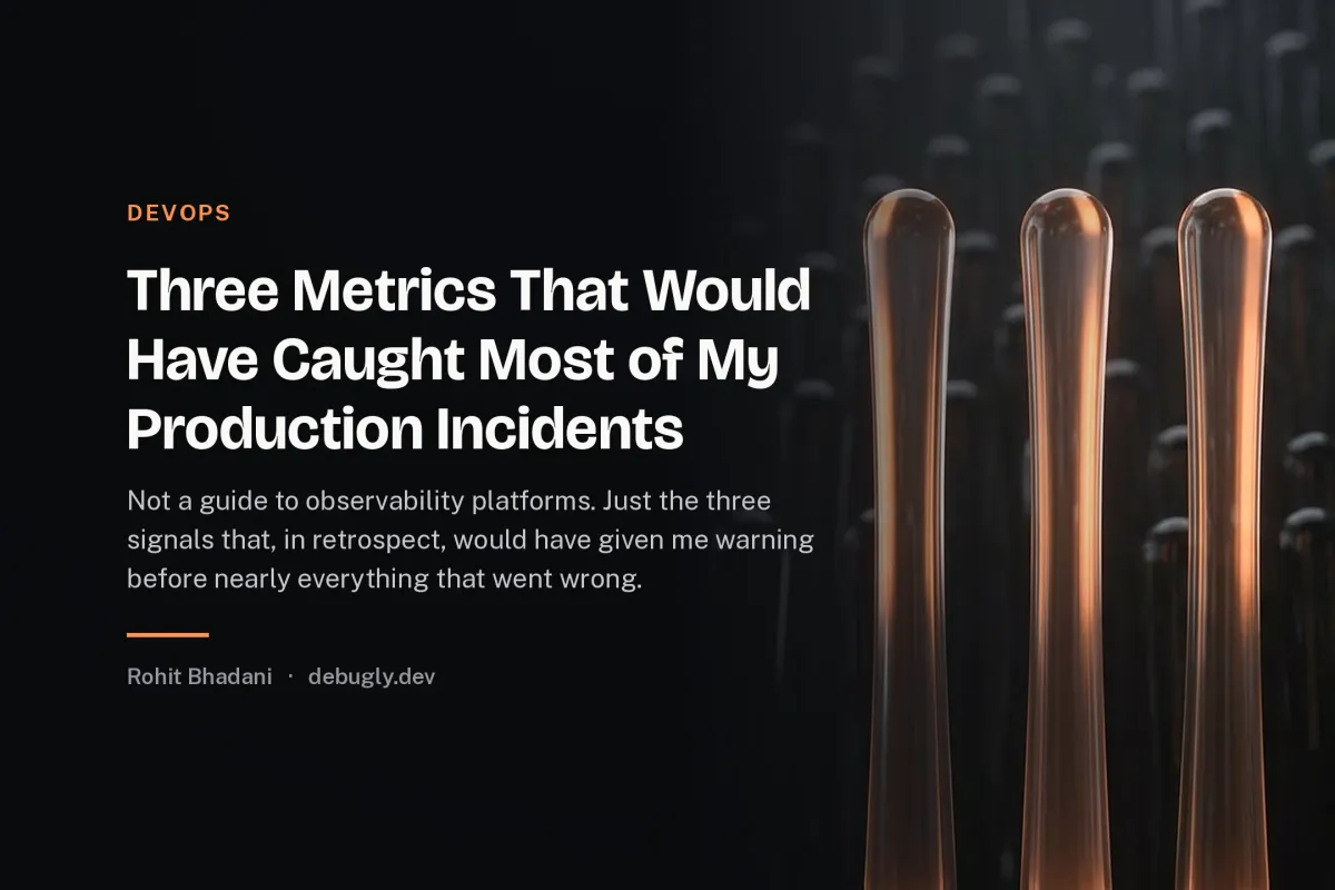 Three Metrics That Would Have Caught Most of My Production Incidents. Abstract devops illustration in orange and dark grey on debugly.dev