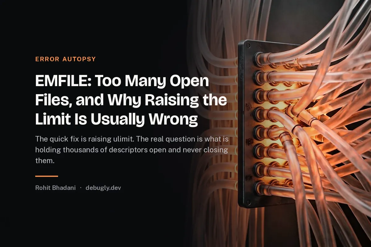 EMFILE: Too Many Open Files, and Why Raising the Limit Is Usually Wrong. Abstract error autopsy illustration in orange and dark grey on debugly.dev