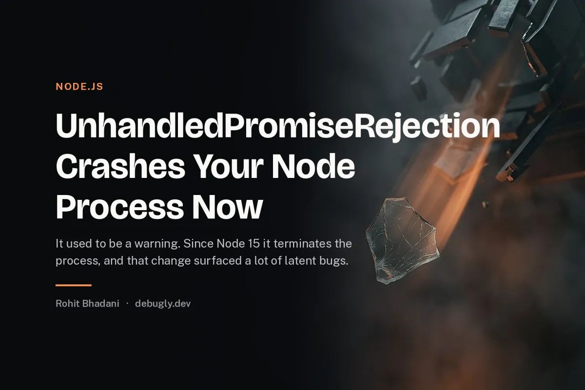 UnhandledPromiseRejection Crashes Your Node Process Now. Abstract node.js illustration in orange and dark grey on debugly.dev