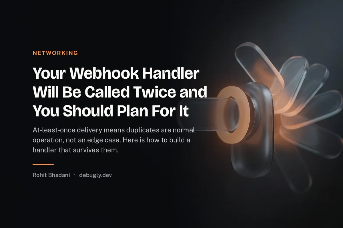 Your Webhook Handler Will Be Called Twice and You Should Plan For It. Abstract networking illustration in orange and dark grey on debugly.dev
