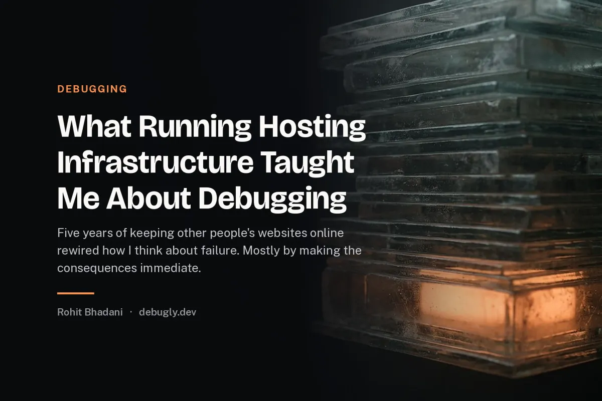 What Running Hosting Infrastructure Taught Me About Debugging. Abstract debugging illustration in orange and dark grey on debugly.dev
